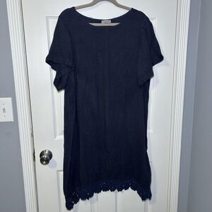 Bellambra Dress Womens 1X Blue Linen Crochet Hem Made In Italy Tunic Knee Length